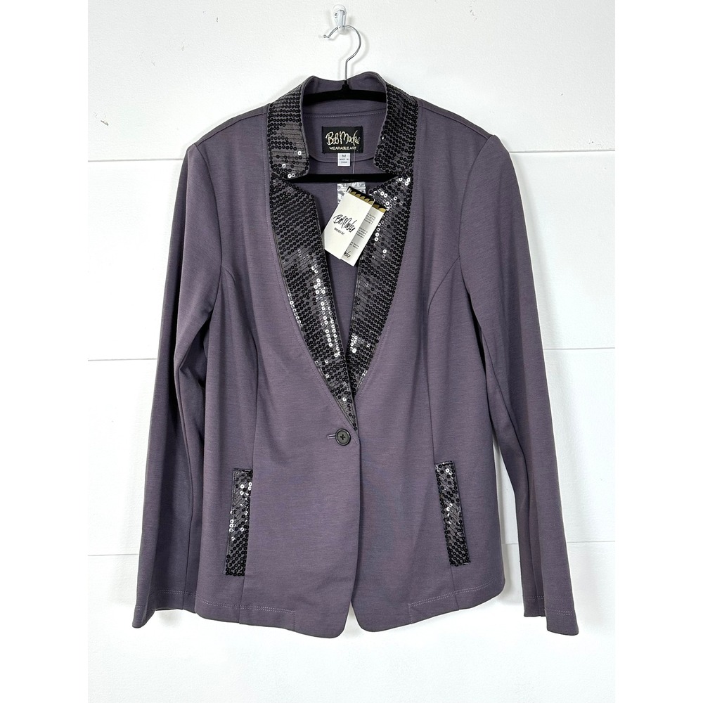 Bob Mackie Wearable Art QVC purple knit blazer black sequins womens M NWT